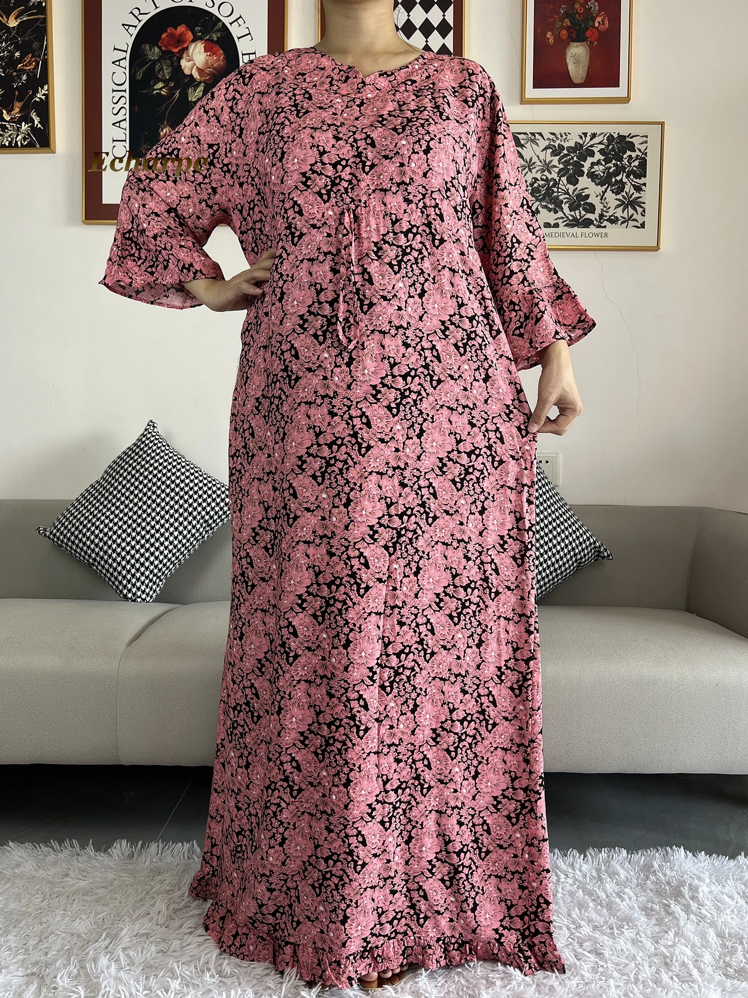 New  African Dashiki Long Sleeve Loose Cotton Waist Elegant Women Abaya Long Dress Summer Maxi Casual Loose Dresses Vestidos