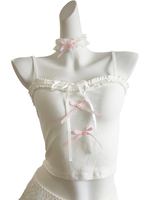Cute Cotton Crop Tops for Sweet Girls Summer 2025 Pink Bows Decoration Cropped White Camis Kawaii Clothes