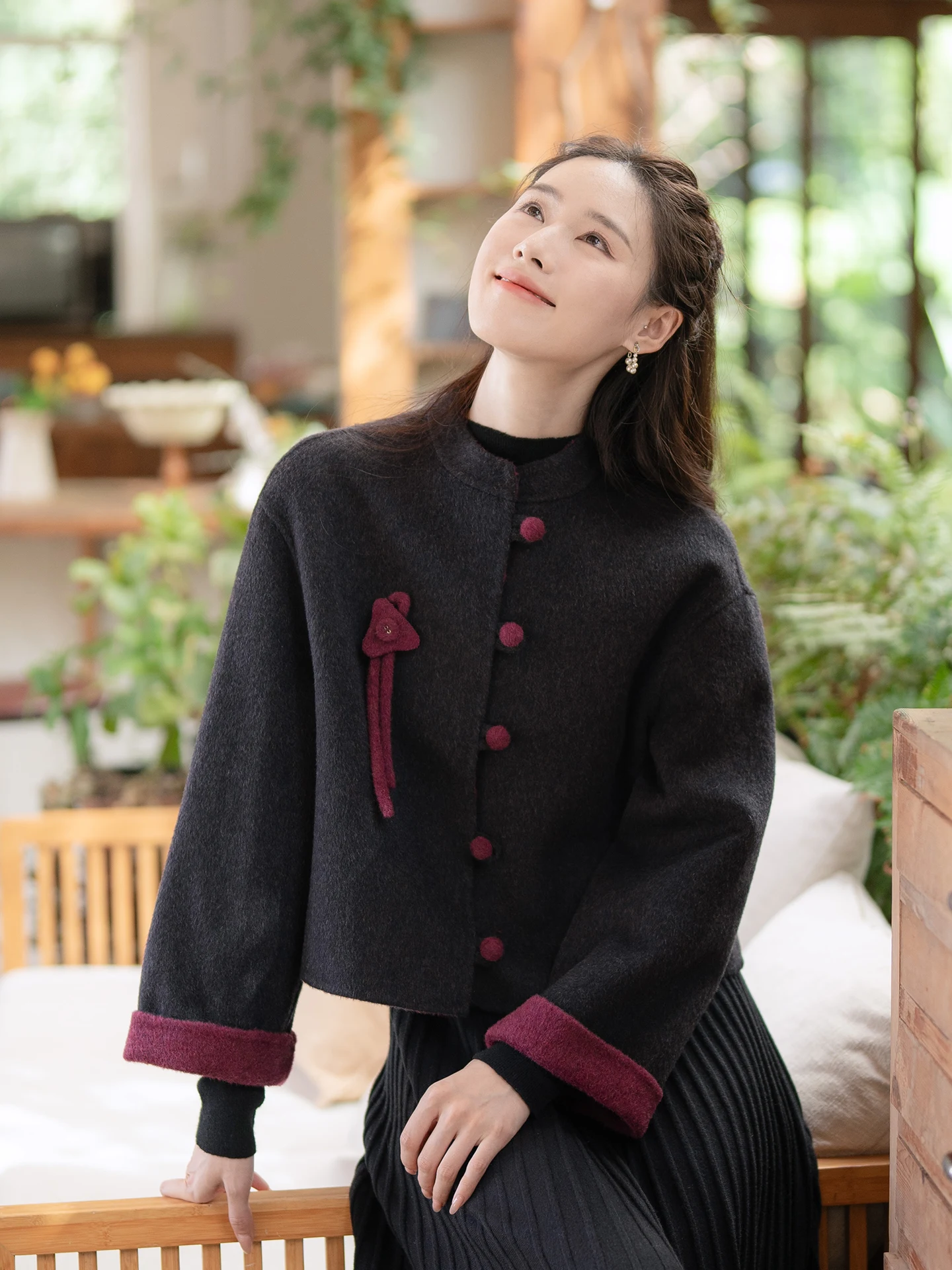 

Double-Sided Woolen Coat Deep ey Artistic Sle Women's Faion Winter New Design Sensation Top Thi Long Sve round Ne