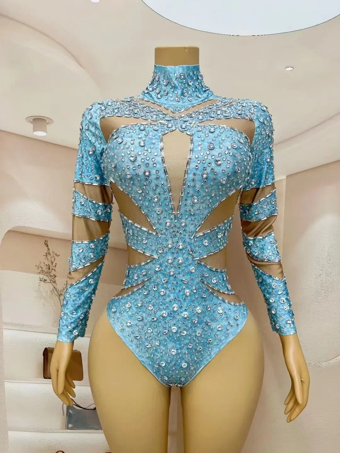 فستان سبانديكس مع أحجار الراين الفضية ، زي مسرح مثير ، أزرق سماوي ، بدلة جسم فاخرة للاحتفال ، زي حفلة عيد ميلاد ، مجموعة مغني