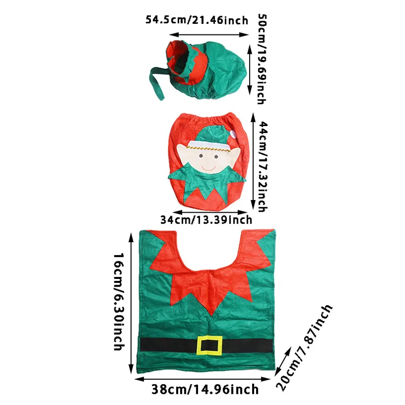 3pcs/set Christmas Elf Toilet Seat Cover Merry Christmas Ornament Water tank cover + toilet seat cover + foot mat