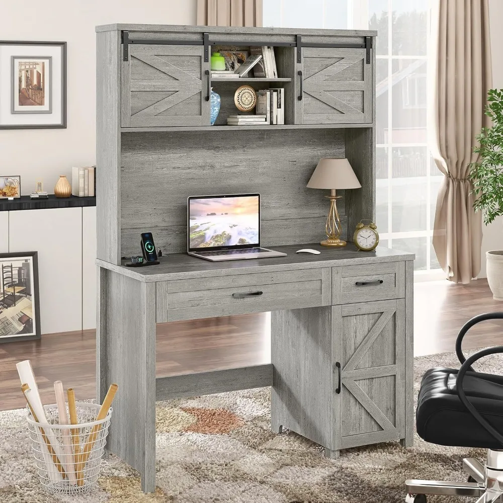 

Стол для руководителя в фермерском доме 47 дюймов, компьютерные столы с 2 ящиками и шкафом для хранения, стол для домашнего офиса с ящиком и станцией для зарядки