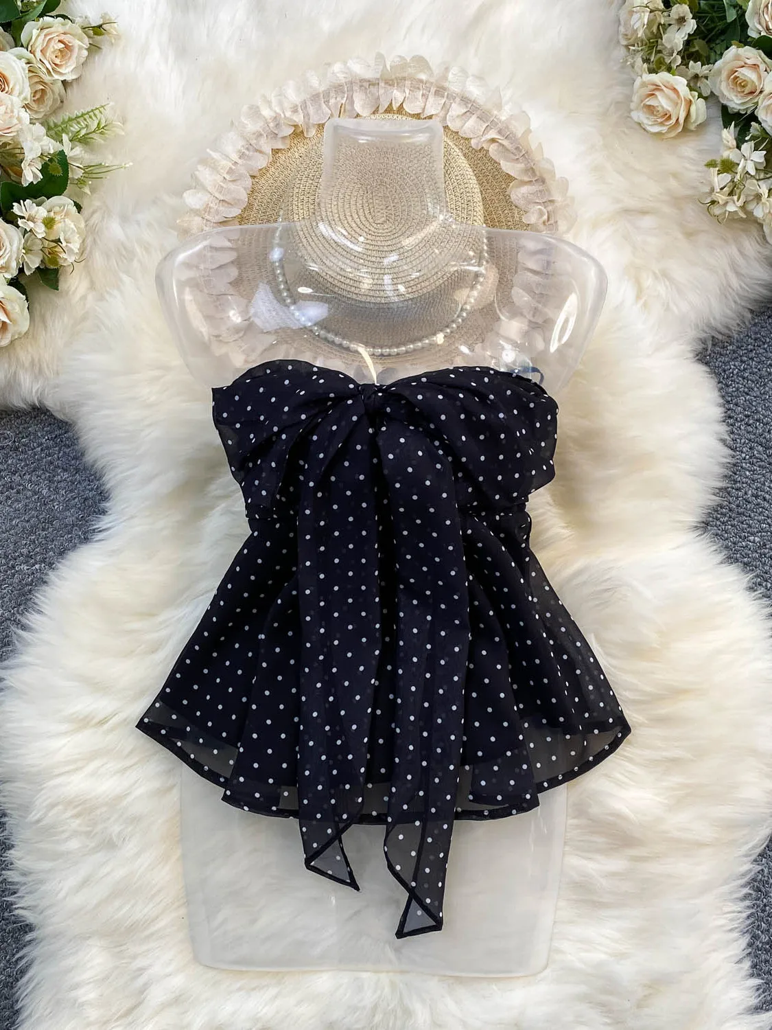 Sweet Polka Dot  Knot Wrap Chest Top Women's Slim Fit Summer Slimming Skirt Hem Tube Top Halteron Dress