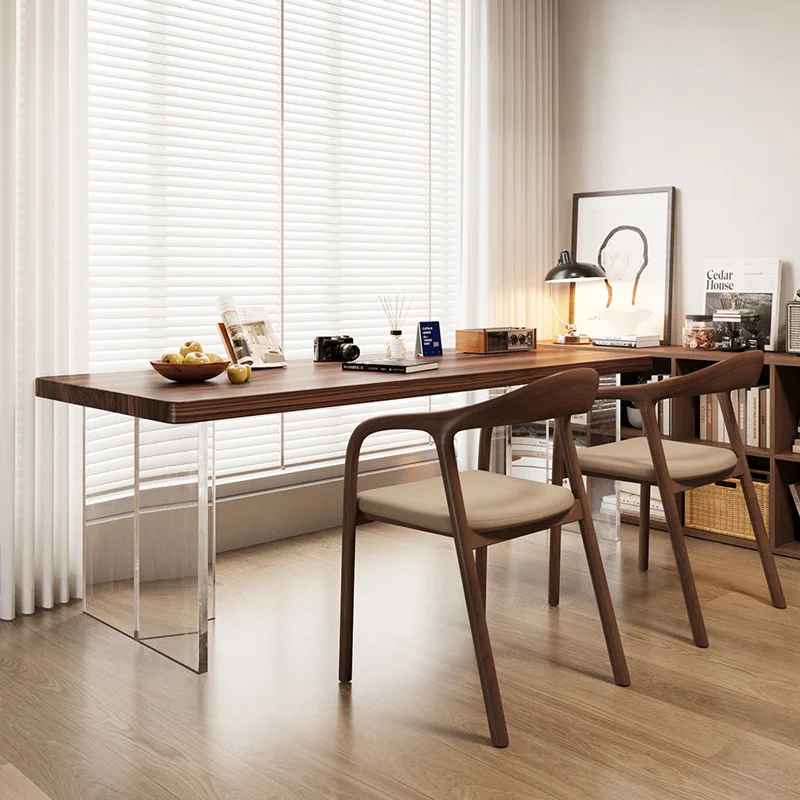 Nordic and South American Black Walnut Desk, Acrylic Floating Solid Wood Long Beam Home Student Study Double Work Desk