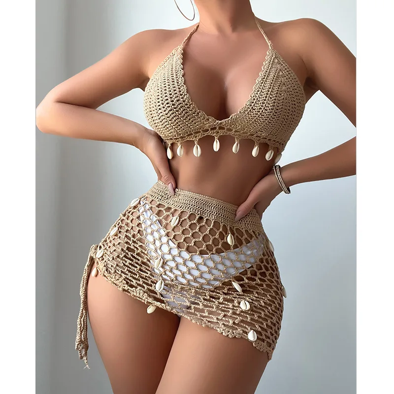 Woman Bikini Set Crochet Shell Tassel Top Sexy Thong Bottom See-Through Hollow Out Bandage High Waist Short Beach Skirt