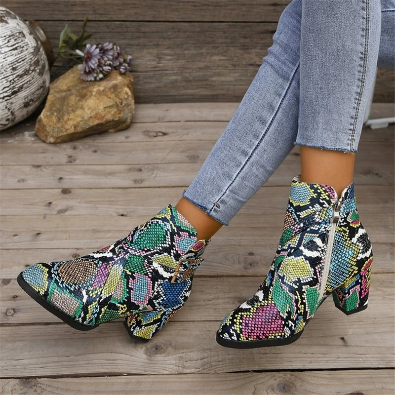 Retro Belt Buckle Women Short Ankle Boots Plus Size Autumn Zipper Sexy Snake Print Square Heel Ladies Pointy Toe Party Shoes New