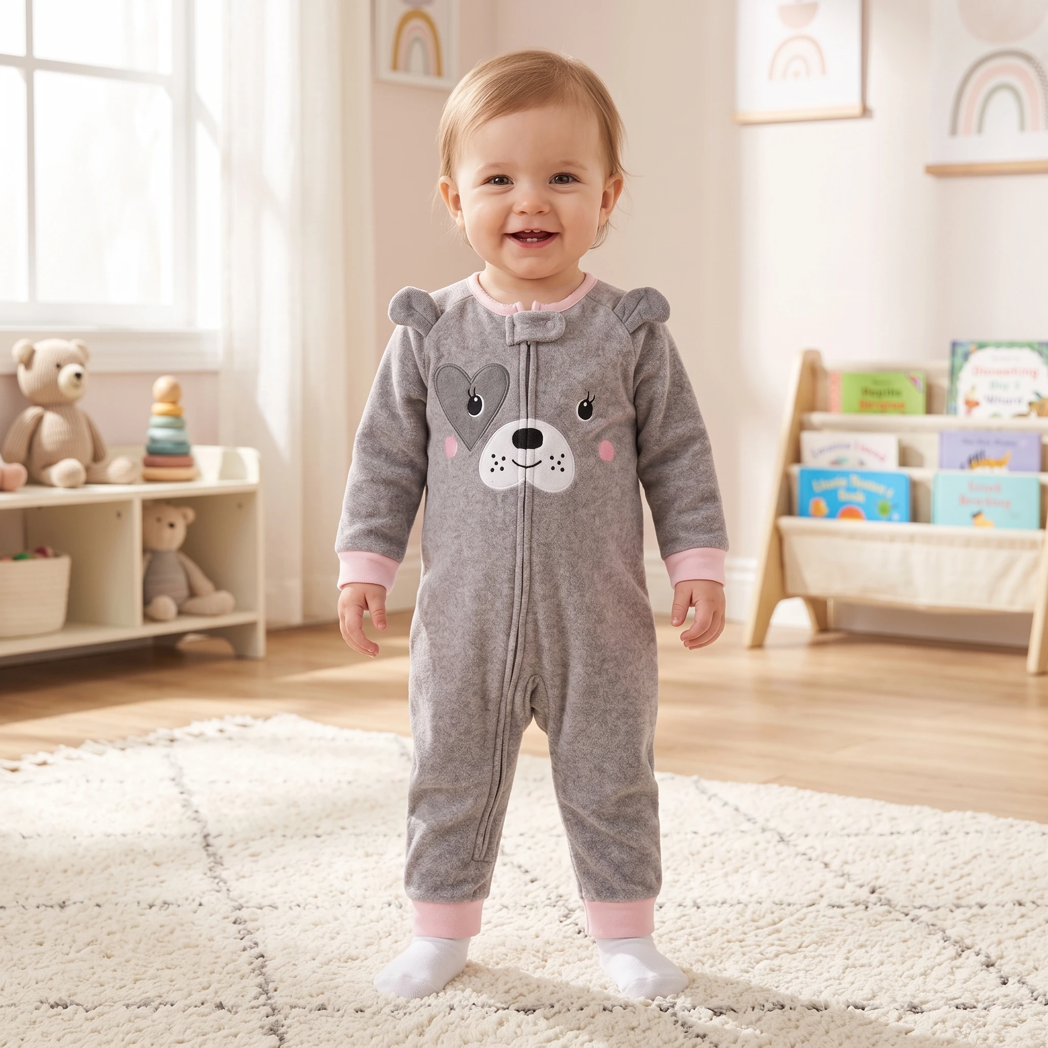 Infant Girls Raglan Contrast Sleeve Polar Fleece Zip Romper Cartoon Face Embroidery with 3D Ears Warm Fall Winter Baby Jumpsuit