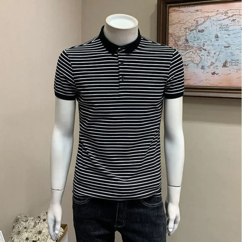 

Skinny Blue Black Striped White Man Polo Shirts with Collar T Shirt for Men High Quality Luxury Smooth Slim Fit Cool Aesthetic