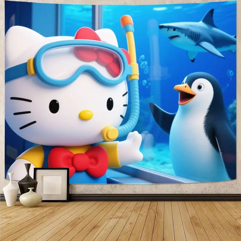 

Гобелен Hello Kitty для подводного плавания с милым пингвином и акулой, океан, приключения, настенное искусство, полиэстер, домашний декор, подарок для детей и фанатов