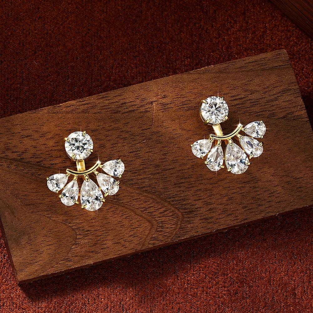 Abestecom D Color VVS1 Moissanite Stud Earrings Pear Multi‑Stone Front Back Earrings Wedding Fine Jewelry Gift For Women