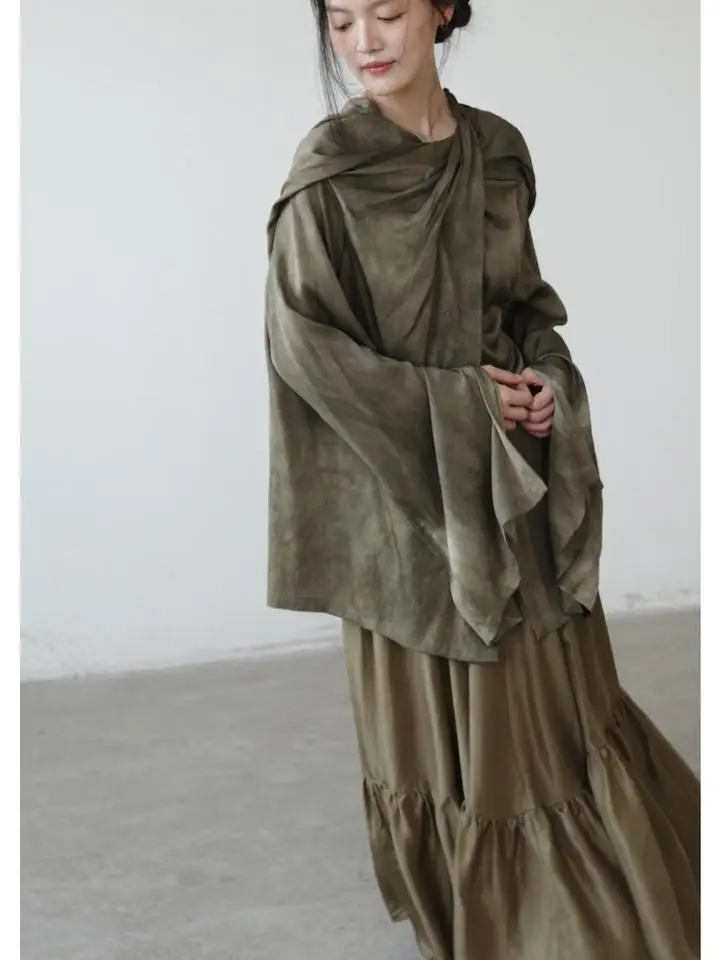 

Silk Elastic Satin Knot Double-Sided Wear Plant Dyeing Chinese Zen Sle Wrap Dr Women's Loose Fit Long Sve round Ne ...