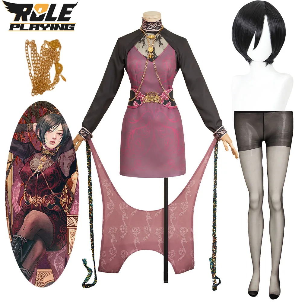

Ada Wong Cosplay Costume Women Fancy Dress Necklace Wig Set for Female Fantasy Disguise Game Evil Halloween Carnival Party Suit