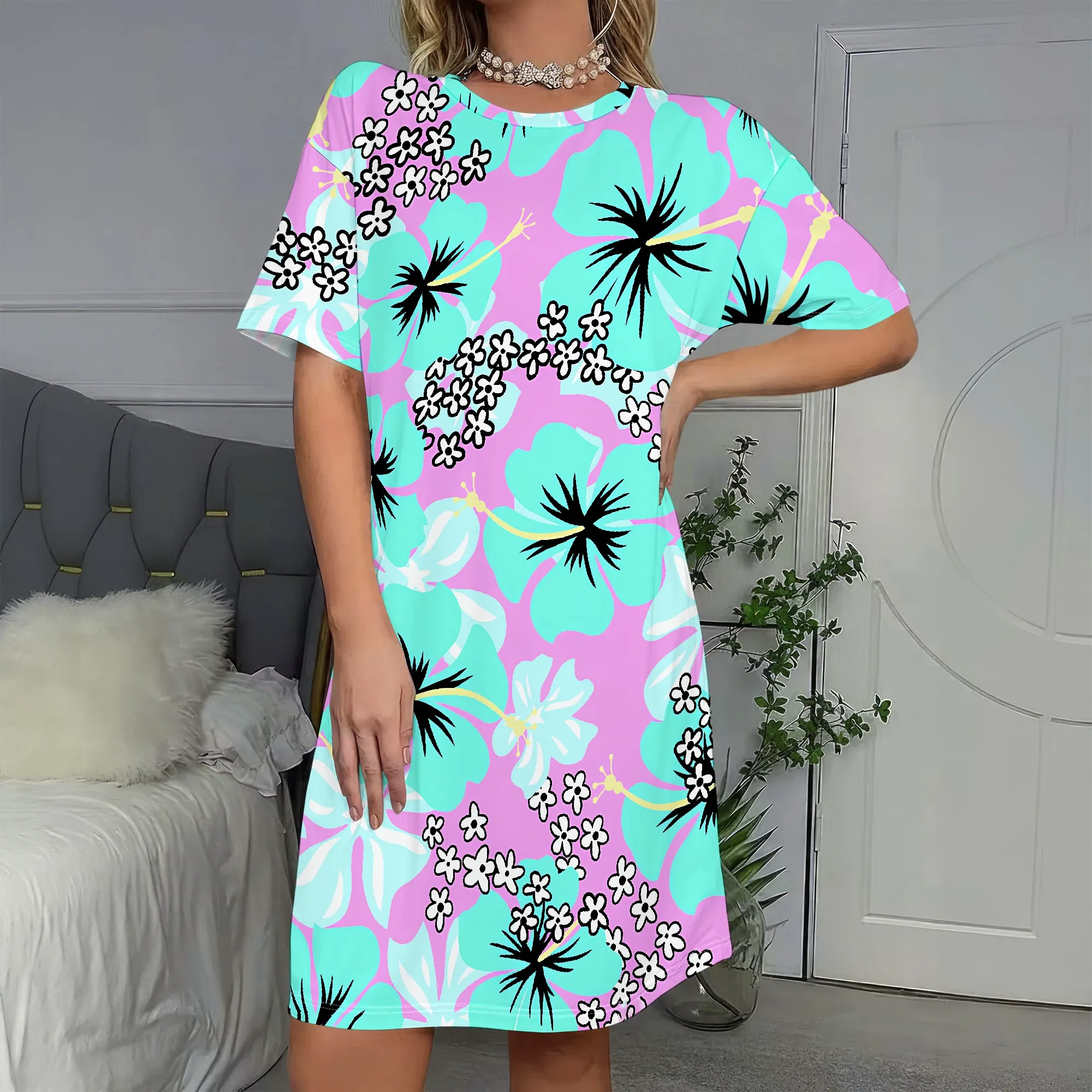 Floral Print, Short Sleeve Dress, Vibrant Pink, Tropical Hibiscus, Summer Beachwear, Casual Vacation Wear, S-2XL