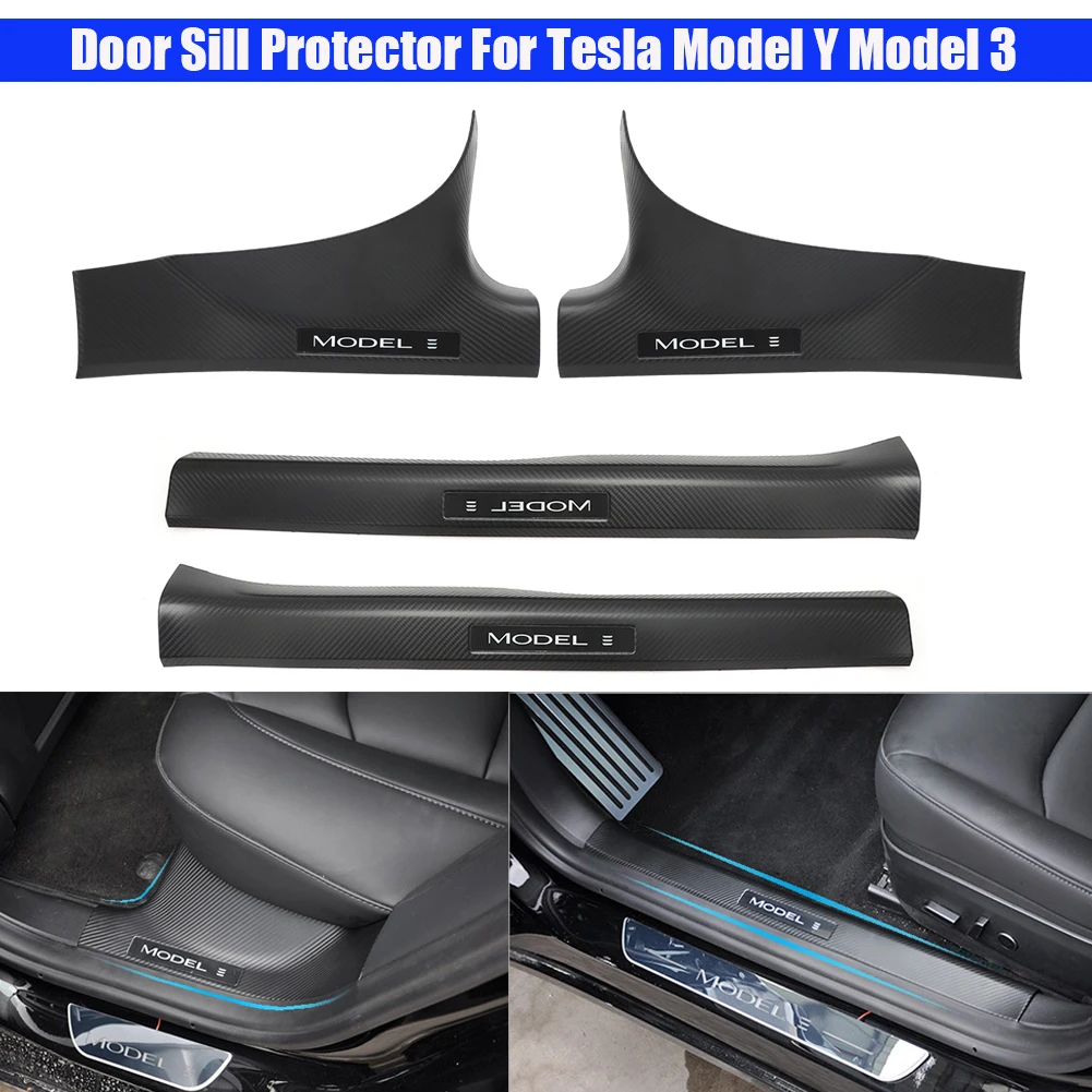 

Front Rear Door Pedal Cover For Tesla Model Y Model 3 2016-2022 Door Sill Protector Carbon Black Door Sill Cover 4 Packs Model3