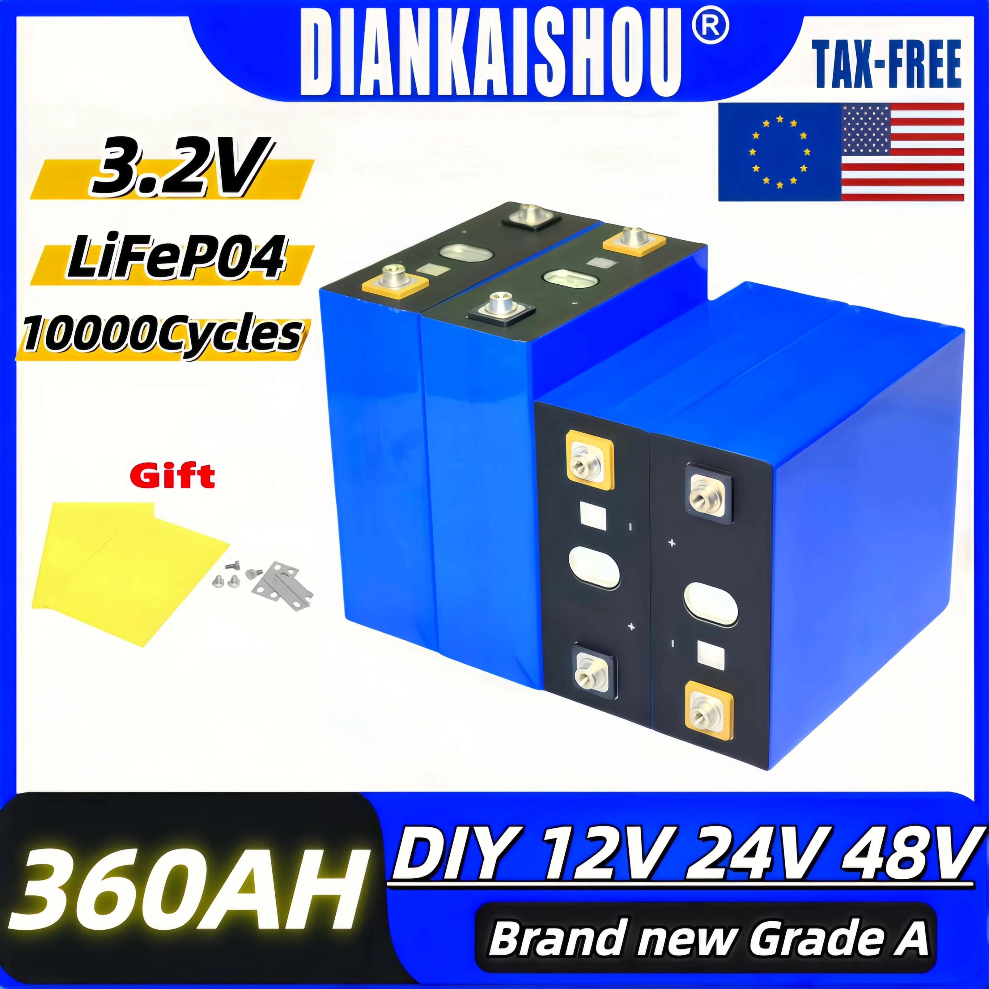 

New 3.2V 100ah 320ah 360ah Lifepo4 Grade A battery 3C high-power energy storage rechargeable battery DIY 12V 24V 48V duty-free