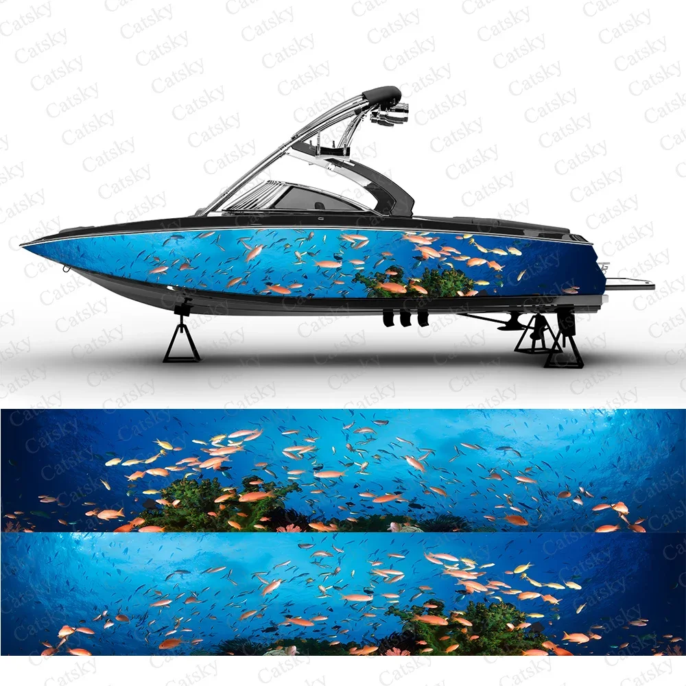 Rich Species Fish Underwater World Graphic Blue Boat Sticker Vinyl Ship Pontoon Deck Boat Fishing Decorative Pontoon Boats Decal