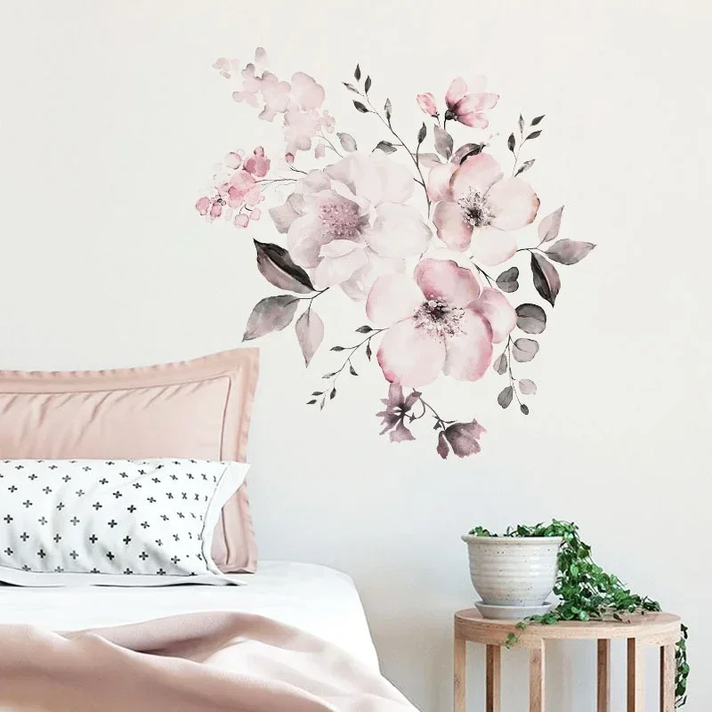 Wall Sticker 30*90cm Watercolor Pink Flower Cluster  Home Background Decoration Can Be Removed Living Room Decoration