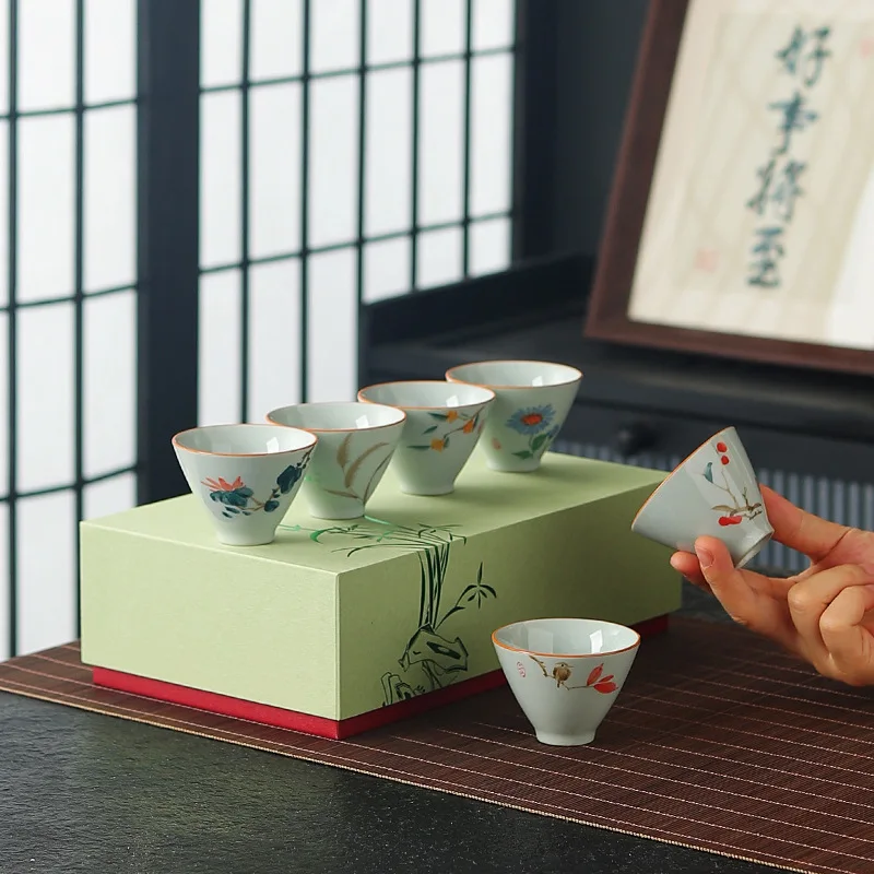 

Ceramic Grass Ash Underglaze Hand-painted Lotus Hat Cup Tea Cup Home Office Gift Set