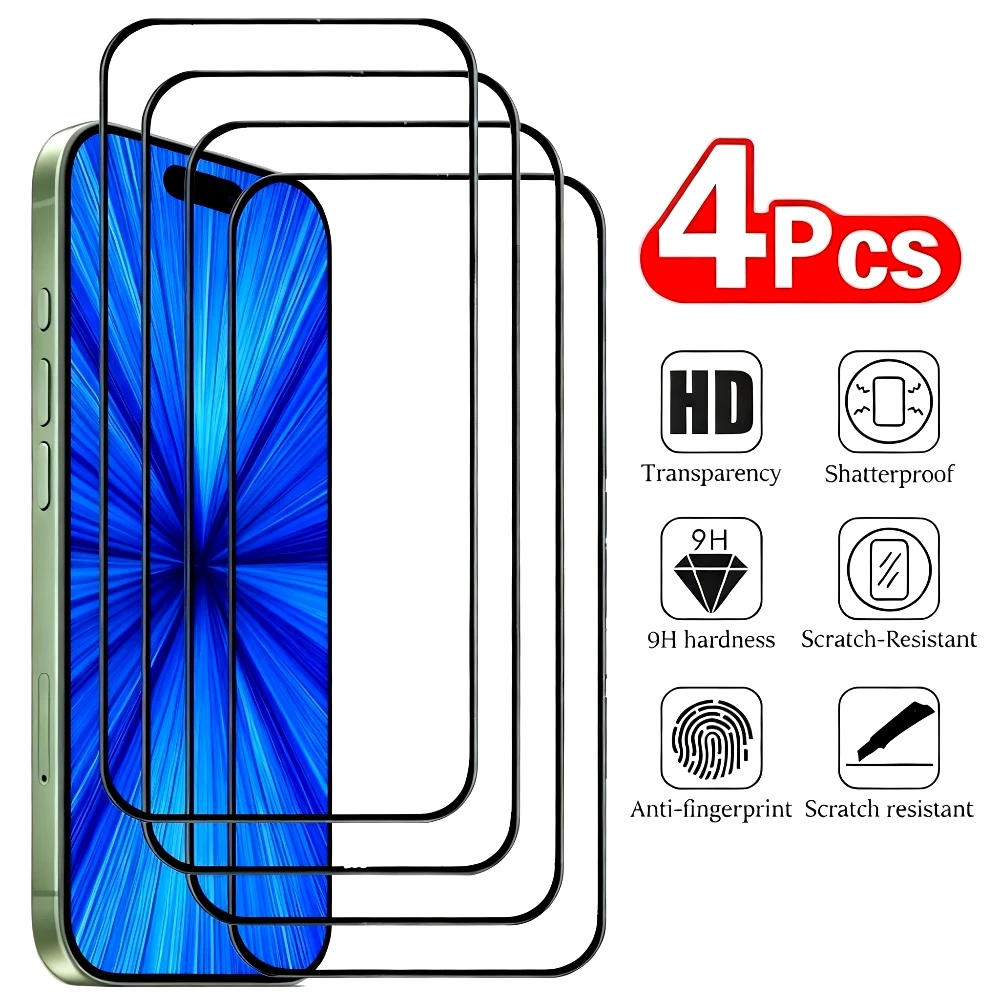 

4 шт. закаленное стекло с полным покрытием для iPhone 17 16 15 14 Pro 16 15 14 Plus Air 13 12 11 Pro XR XS Max Защитная пленка для экрана от царапин