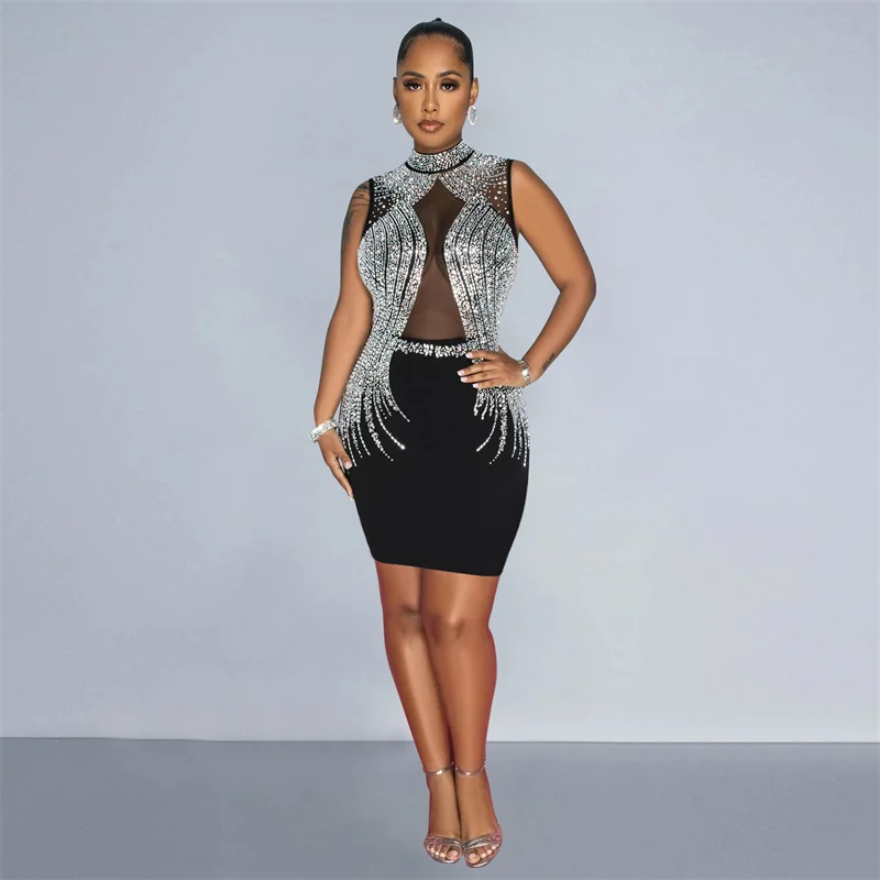 Summer Sleeveless See Through Mesh Patchwork Rhinestone Bodycon Sexy Mini Party Dresses for Women 2024 Diamonds Night Club Dress