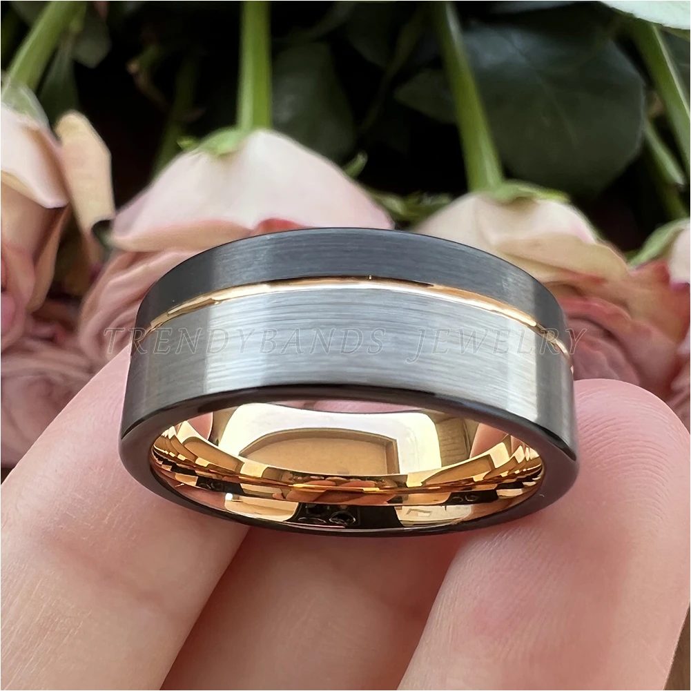8mm Tungsten Wedding Ring for Men Women Flat Band Two-Tone Fashion Jewelry With Offset Grooved Brushed Finish