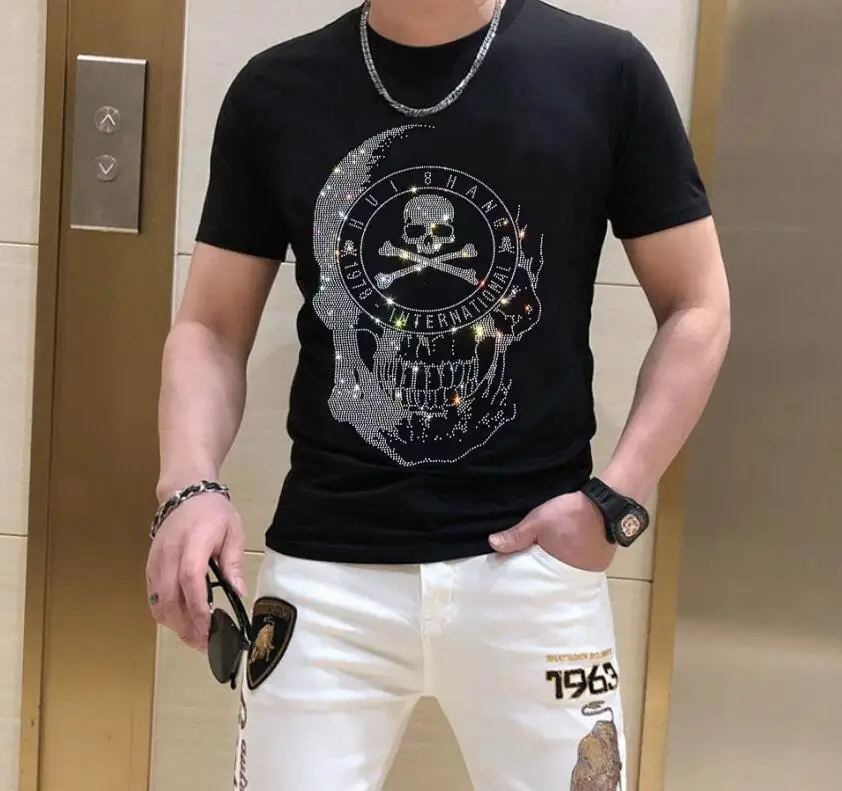 S-6XL Hot Drill Skulls   Fashion  Anime  T-Shirt Casual Men   Rhinestone Design Fabric Soft Comfortable  Top Tees