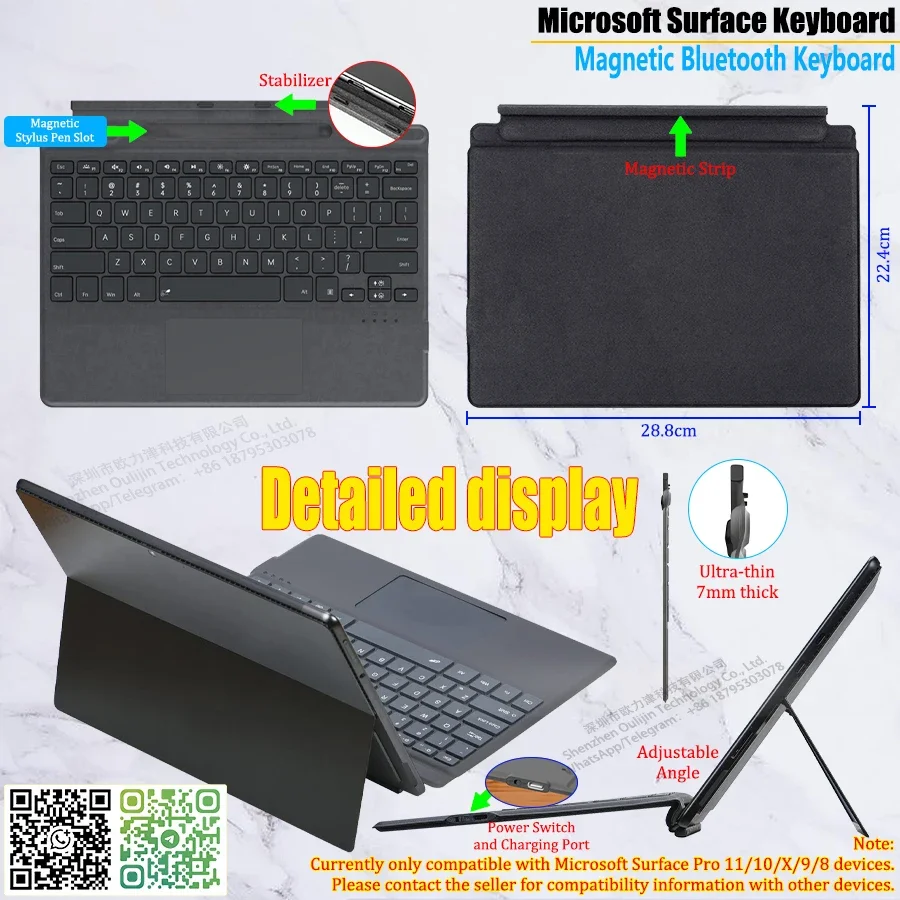 Microsoft Surface Pro 11/10/X/9/8 Bluetooth Magnetic Keyboard with Stylus Pen/Touchpad，7-color Backlit Keyboard 78-key English