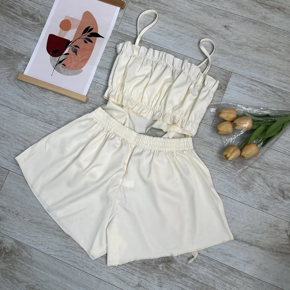 Terno feminino de duas peças com babados, top + shorts confortáveis, pijama de verão, roupas casuais para casa, cor sólida, conforto