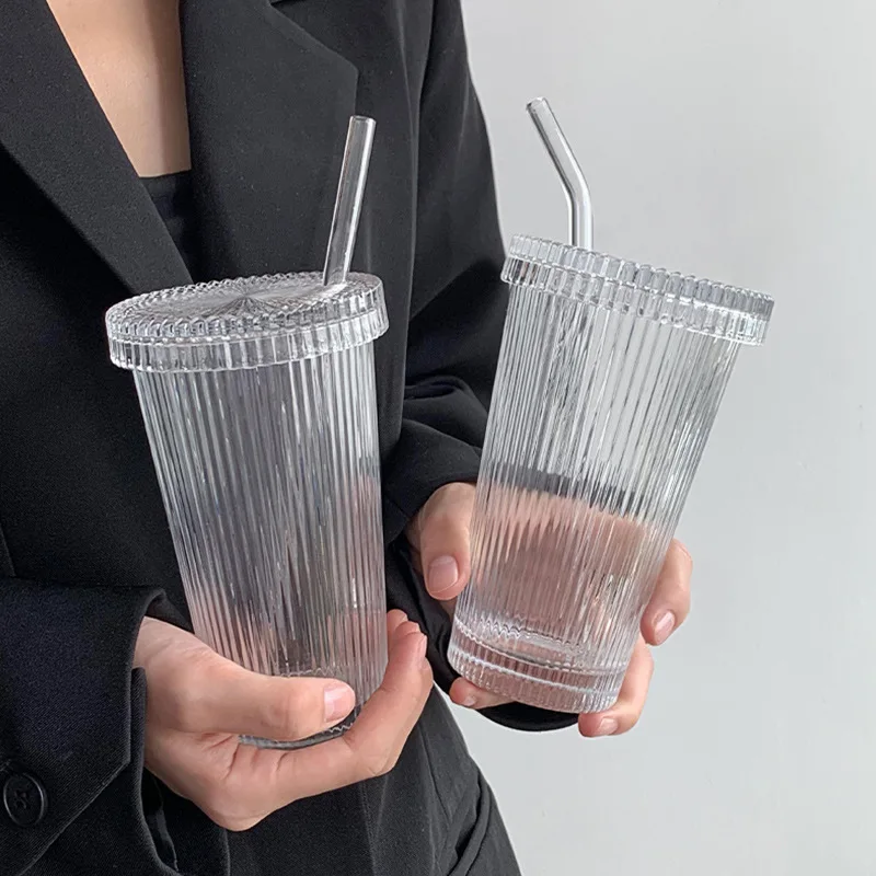 375Ml Simple Stripe Glass Cup With Lid and Straw Transparent Bubble Tea Cup Juice Glass Beer Can Milk Mocha Cups Breakfast Mug