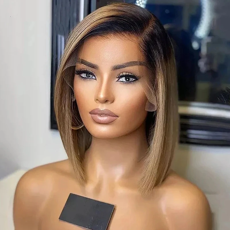 

Highlight Ash Brown 13x4 Lace Front Wigs Human Hair Straight Short Bob Cut Human Hair Wig Transparent Lace Ombre Colored Wigs