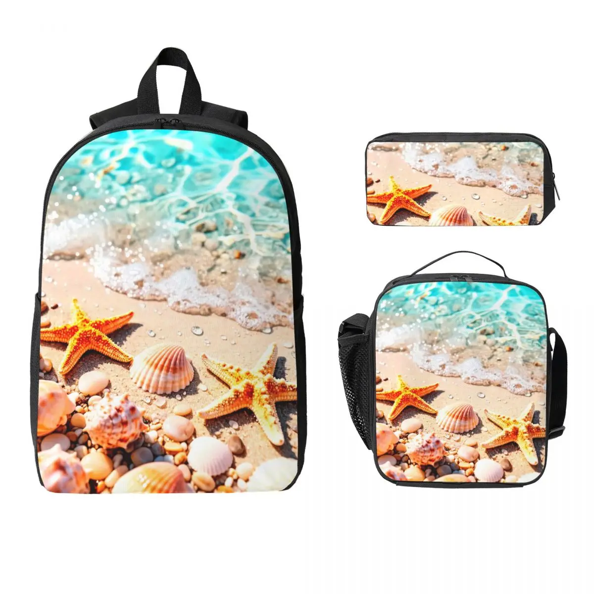 Shell With Beach Blue Printed Backpack Boys Girls BookBag School Bag Computer Shoulder Bags 3ps Insulated Lunch Bag Pencil Case