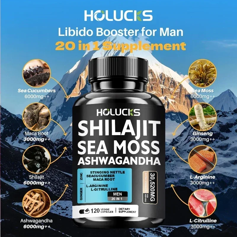 20-in-1 Sea Moss Shilajit Ashwagandha met zwarte zaadolie voor mannen, Ashwagandha, L-Arginine, Shilajit, Sea Moss, L-Citrulline