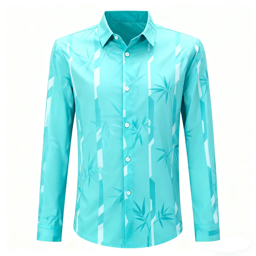 เสื้อเชิ้ตผู้ชายลายพืชธรรมชาติแบบใหม่ ผ้าเนื้อนุ่มยืดหยุ่นเล็กน้อย แขนยาว ปกเสื้อเชิ้ตแบบลาペル สไตล์ฮาวาย เหมาะสำหรับงานธุรกิจและงานปาร์ตี้