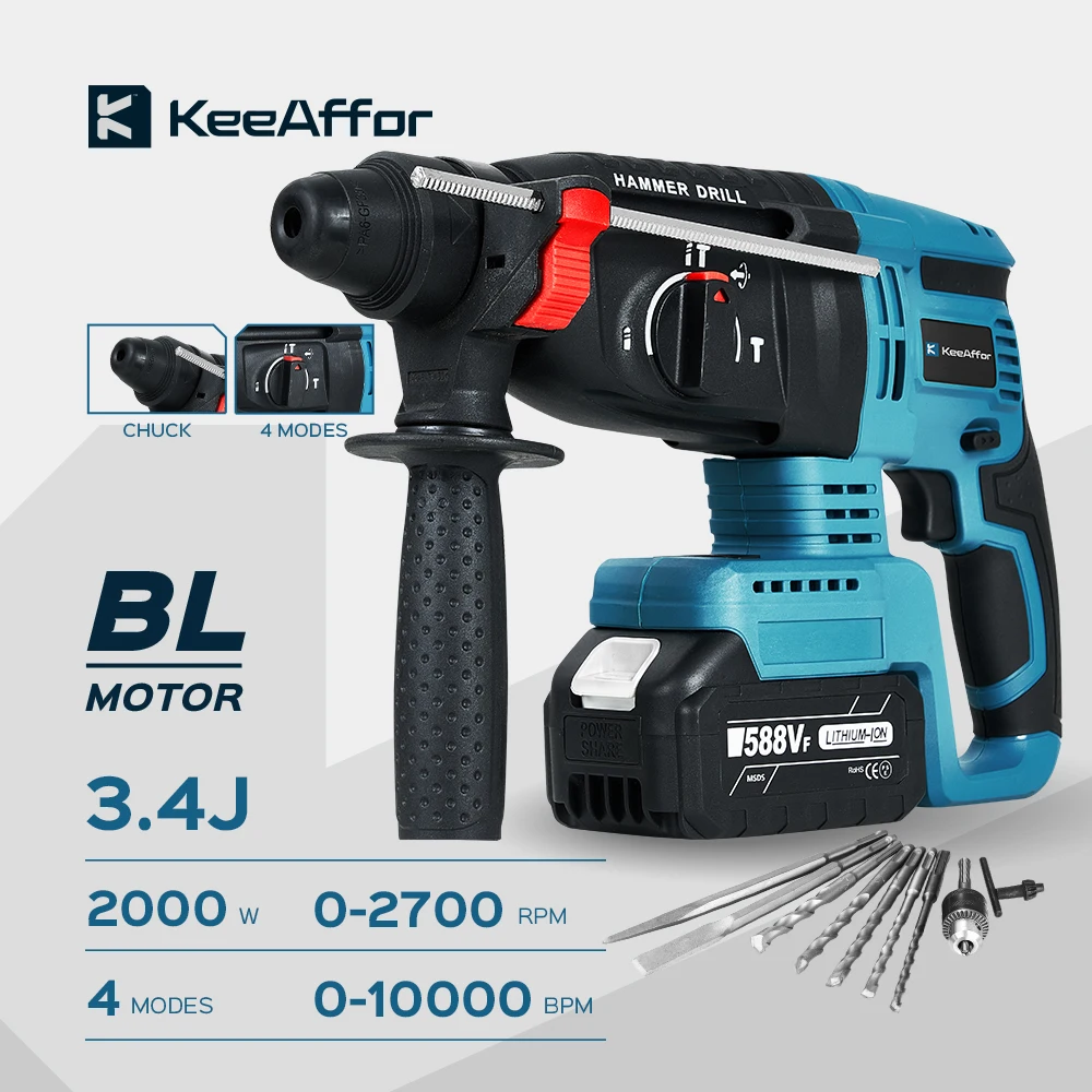 

KEEAFFOR 2000W 10000BPM Brushless Cordless Electric Hammer Rechargeable Rotary Hammer Drill Impact Drill For Makita 18V Battery