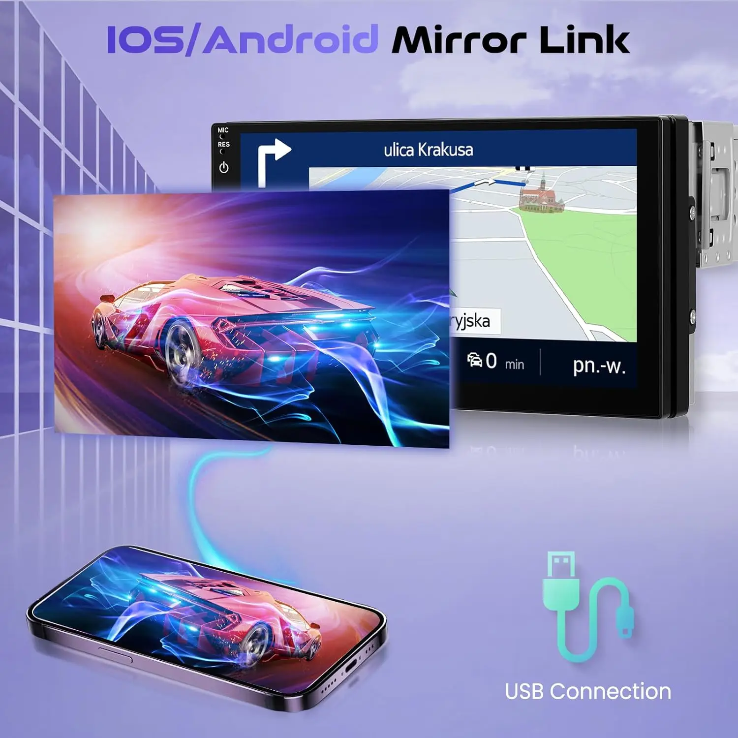 ستيريو سيارة بشاشة لمس عالية الدقة مقاس 7 بوصات مع بلوتوث، USB، AUX، FM، كاميرا خلفية، وصلة مرآة، تحكم في عجلة القيادة