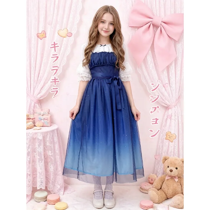 Damen JSK Lolita-Kleid mit blauem Farbverlauf und Sternenhimmel-Muster, S-L, Netz-Trägerkleid, japanisches Soft-Girl-Set für den täglichen Sommergebrauch