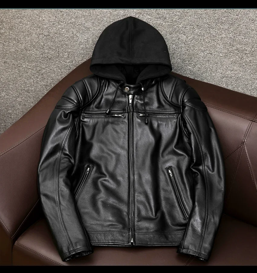 LNY SHop Best.Plus cool motor rider genuine leather jacket with hat.Men Popular black cowhide coat.heavy soft leather cloth.