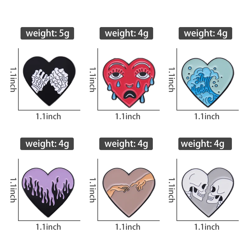 Punk Heart Shape Enamel Pins Custom Skeleton Lovers Ocean Wave Tears Brooches Lapel Badges Funny Jewelry Gift for Kids Friends