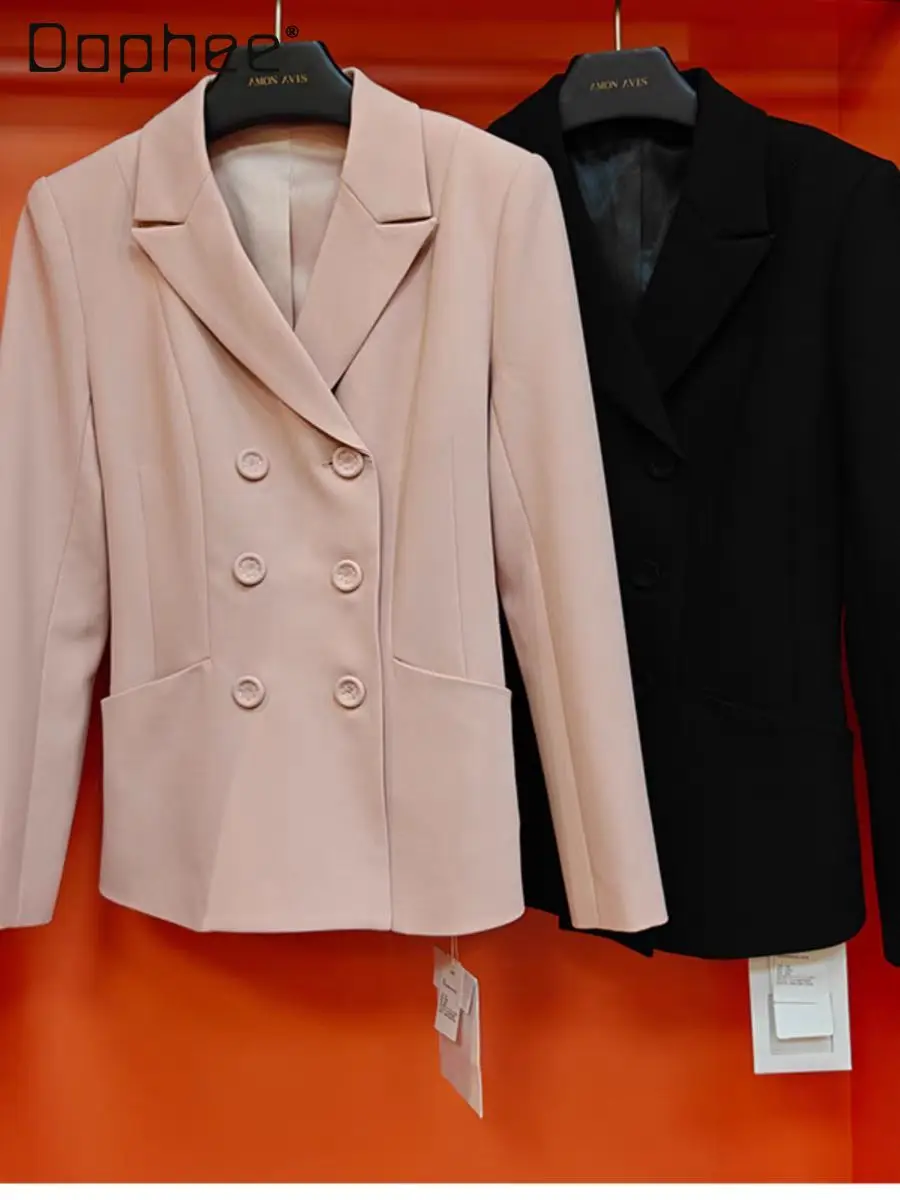 European Classic Elegant Fashion Slim Commuter Style Double-Breasted Solid Color Versatile Cross Collar Long Sleeve Blazer Coat