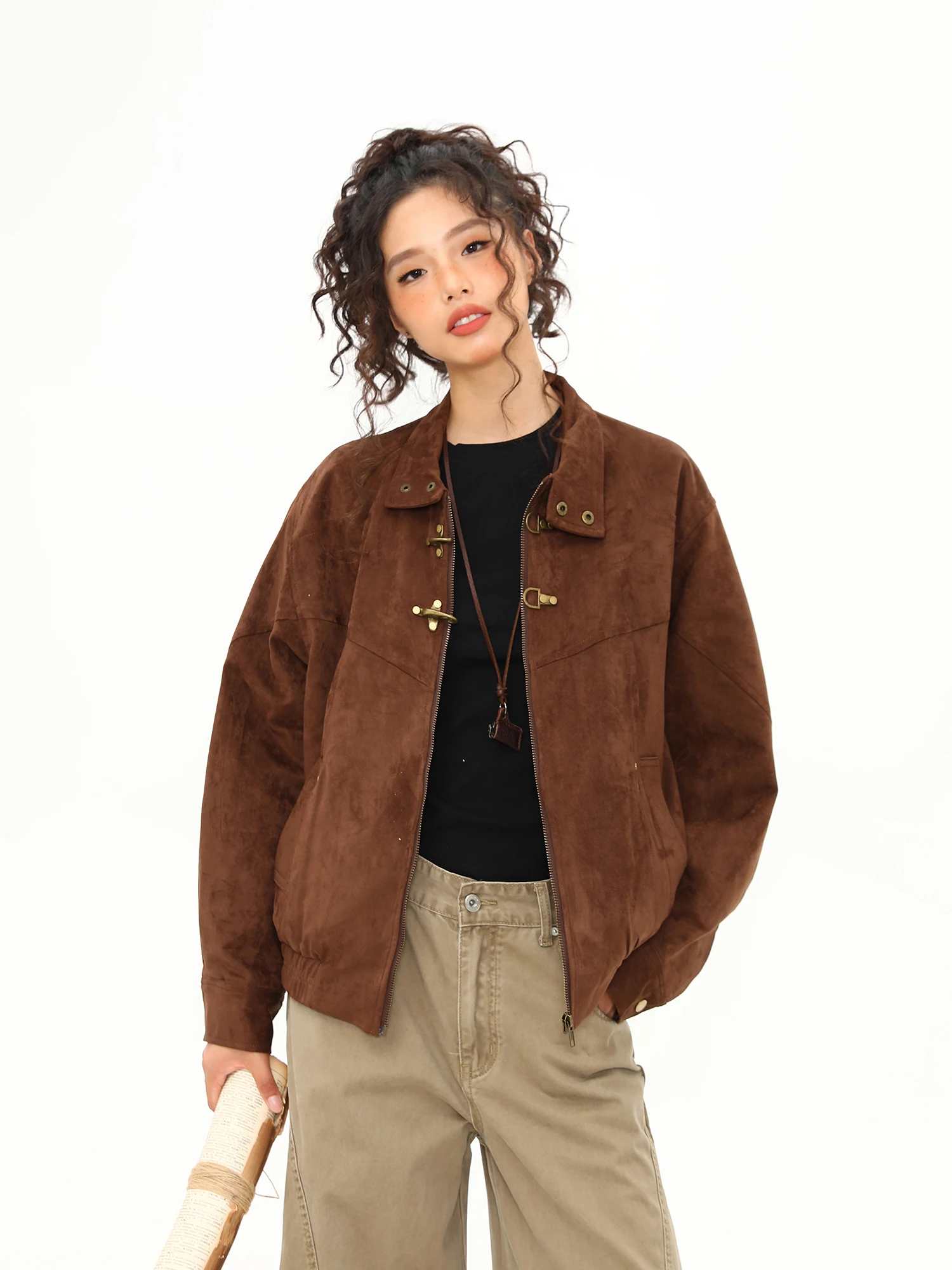 

Мужская и женская замшевая куртка Wild Azizi в мотоциклетном стиле с воротником-стойкой, пэчворк, свободный крой, уличная одежда, длинный рукав, застежка на пуговицах