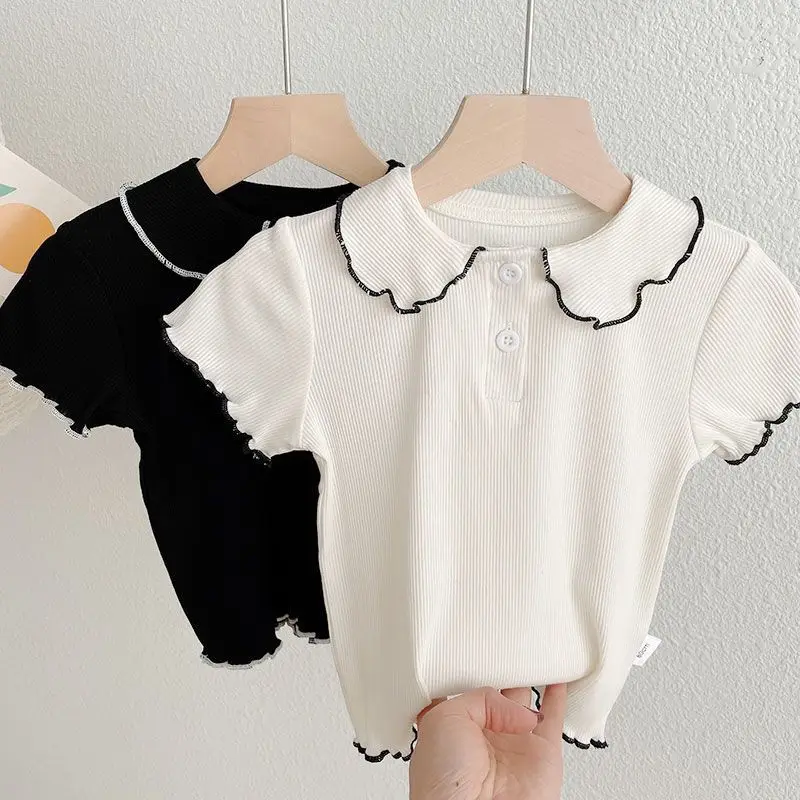

Summer Girls Short Sleeved T-shirt with Doll Collar Summer Thin Baby Half Sleeved Top Baby Children Bottom Shirt Korean