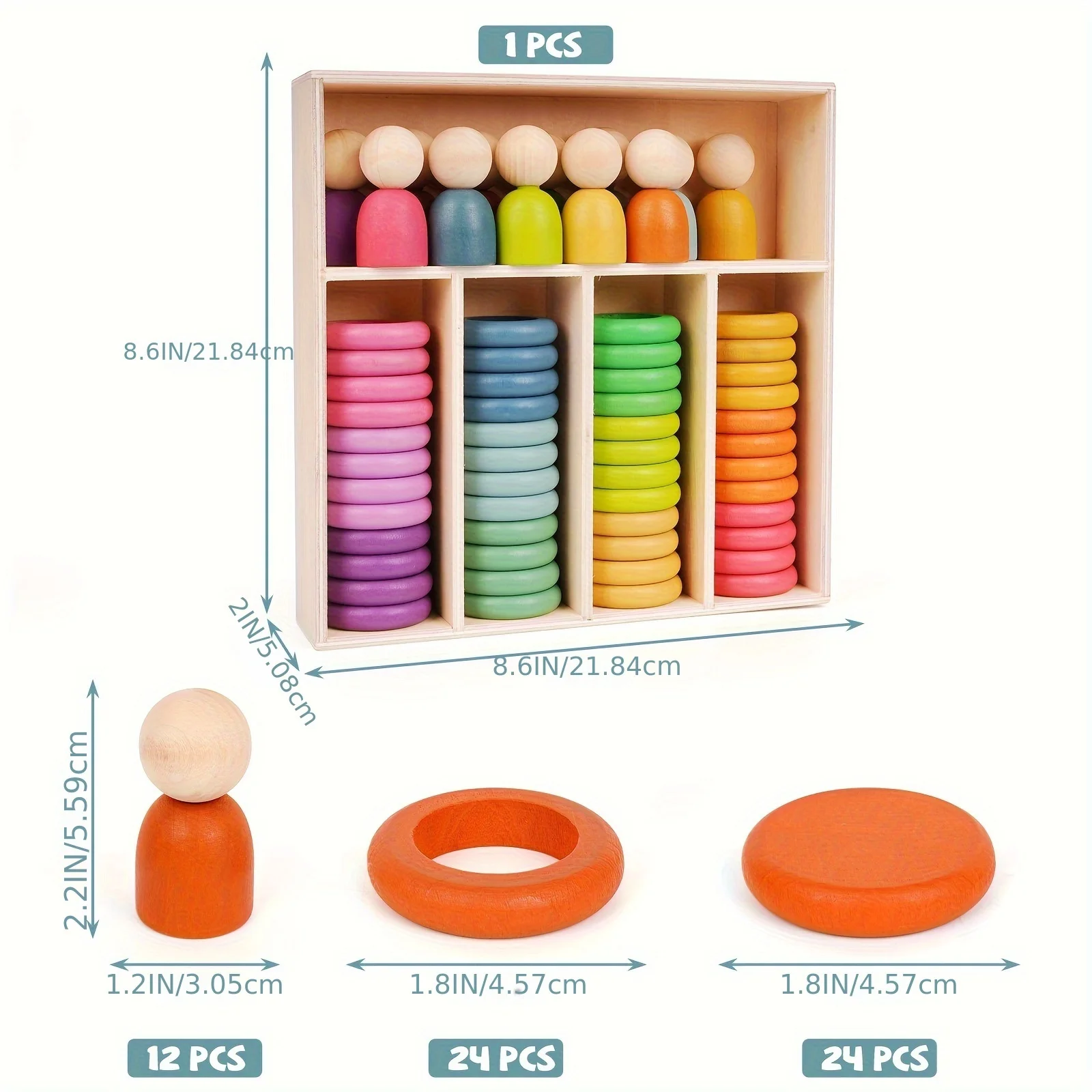 ألعاب مونتيسوري الخشبية لفرز الألوان وتكديس الحلقات، دمى قوس قزح، ألعاب العد، مكعبات بناء دائرية للأطفال الصغار