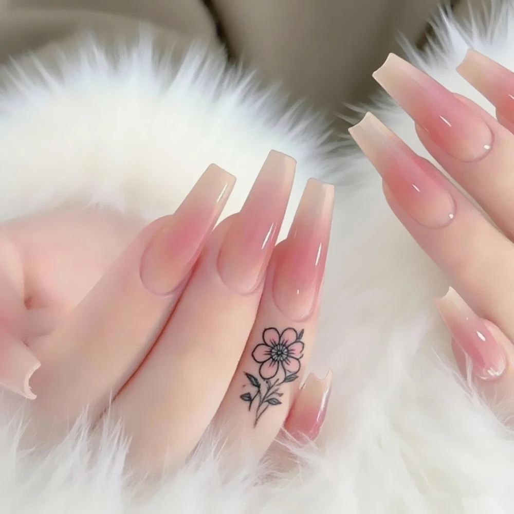 

Gradient Peach Press On False Nails With Adhesive Long Ballerina Coffin Artificial Fake Nail Full Cover Manicure Tool