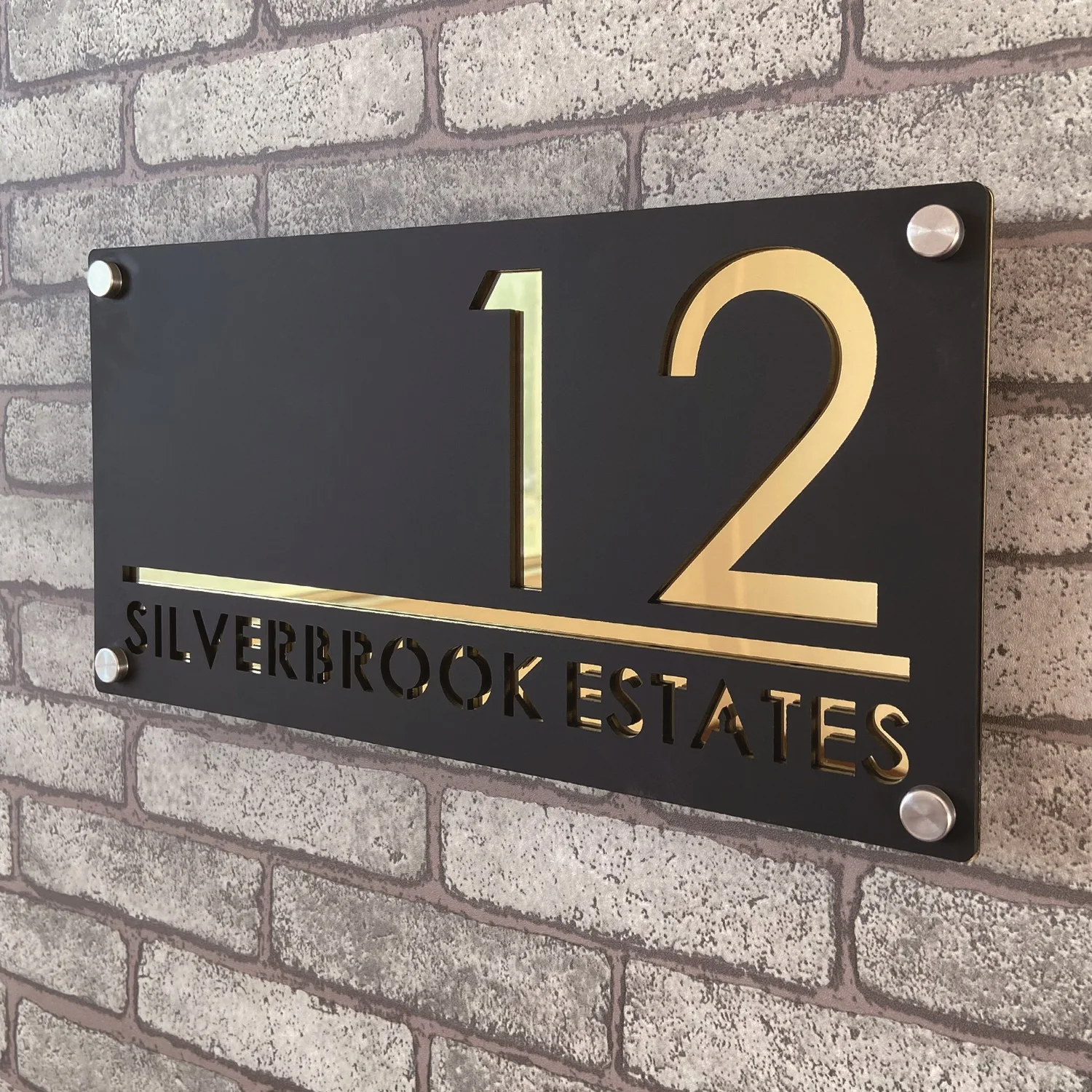 Matte Black & Gold Mirror Acrylic Outdoor House Number Plaque - Laser Engraved Custom Door Sign