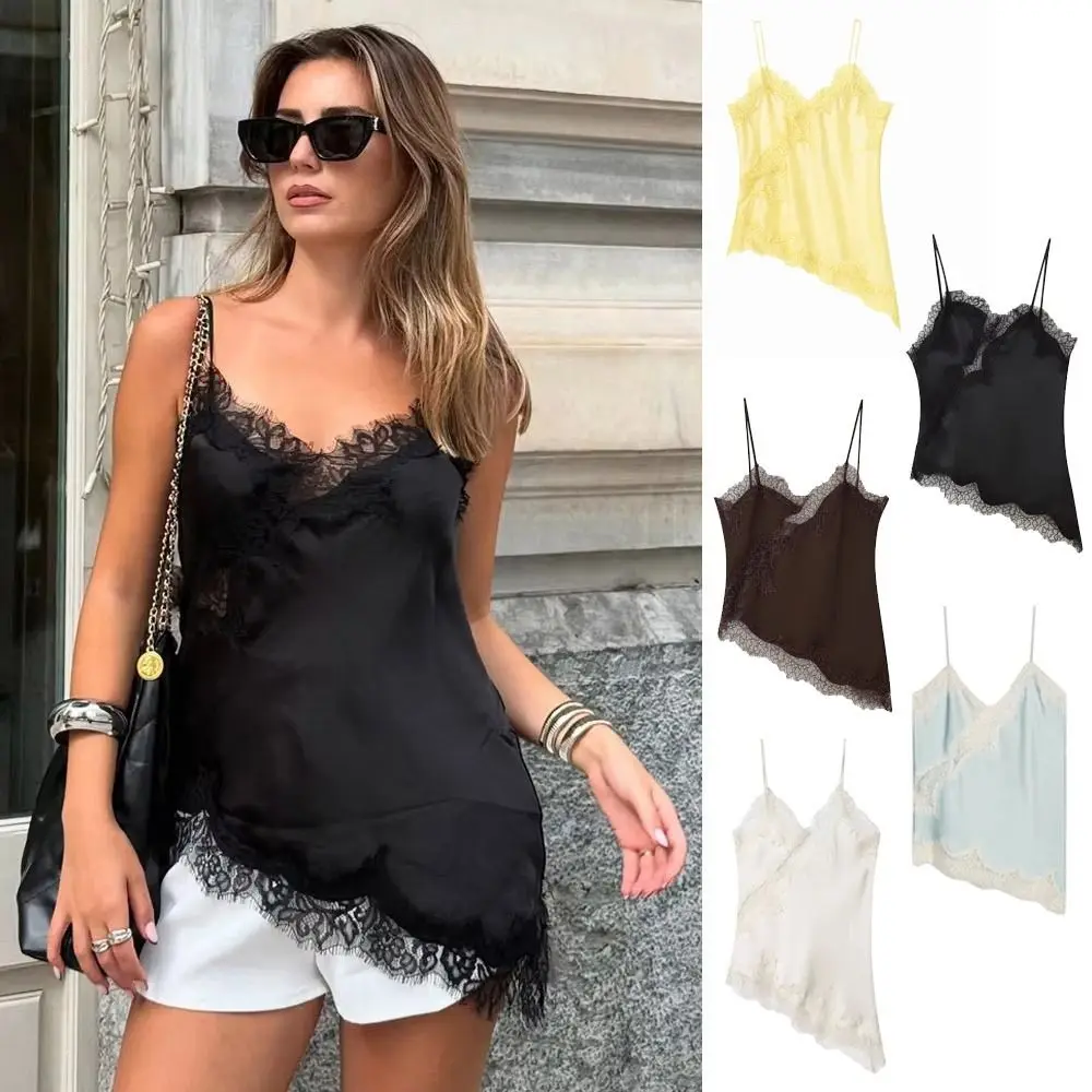 Trendiges asymmetrisches Spitzen-Patchwork-Top, ärmellos, rückenfrei, Camisole-Top, elegantes V-Ausschnitt Damen-Tanktop, Partykleid