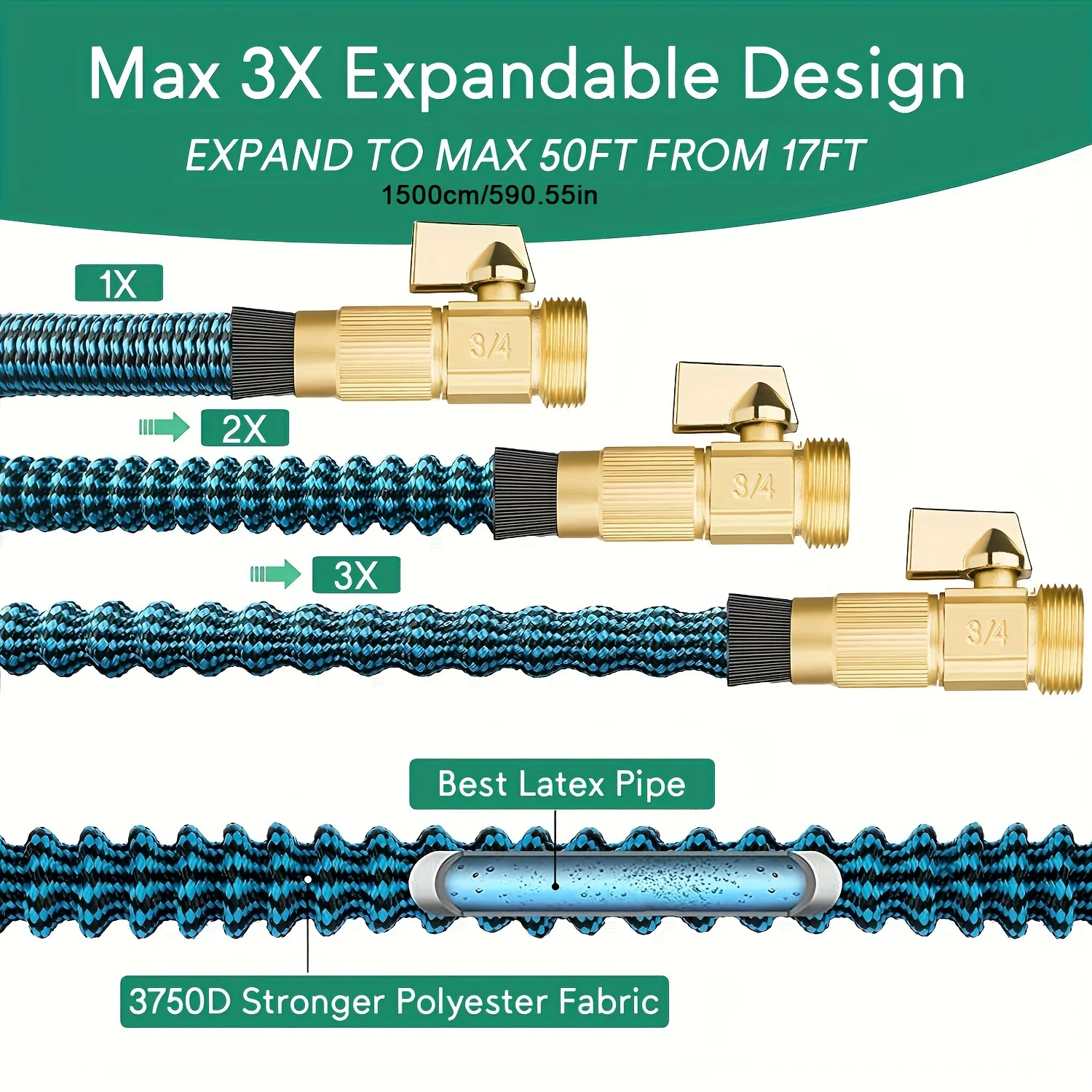 Expandable Garden Hose, No Kink Retractable Water Hose with 10 Pattern Spray Nozzle, Extra Strong Brass Connectors