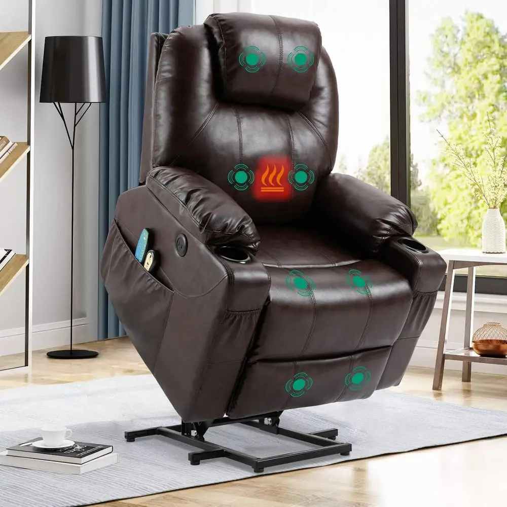 

Elegant Leather Recliner with Electric Power, Heated Massage, Vibration, 2 Remotes, Cup Holders, Side Pockets, and USB Ports for