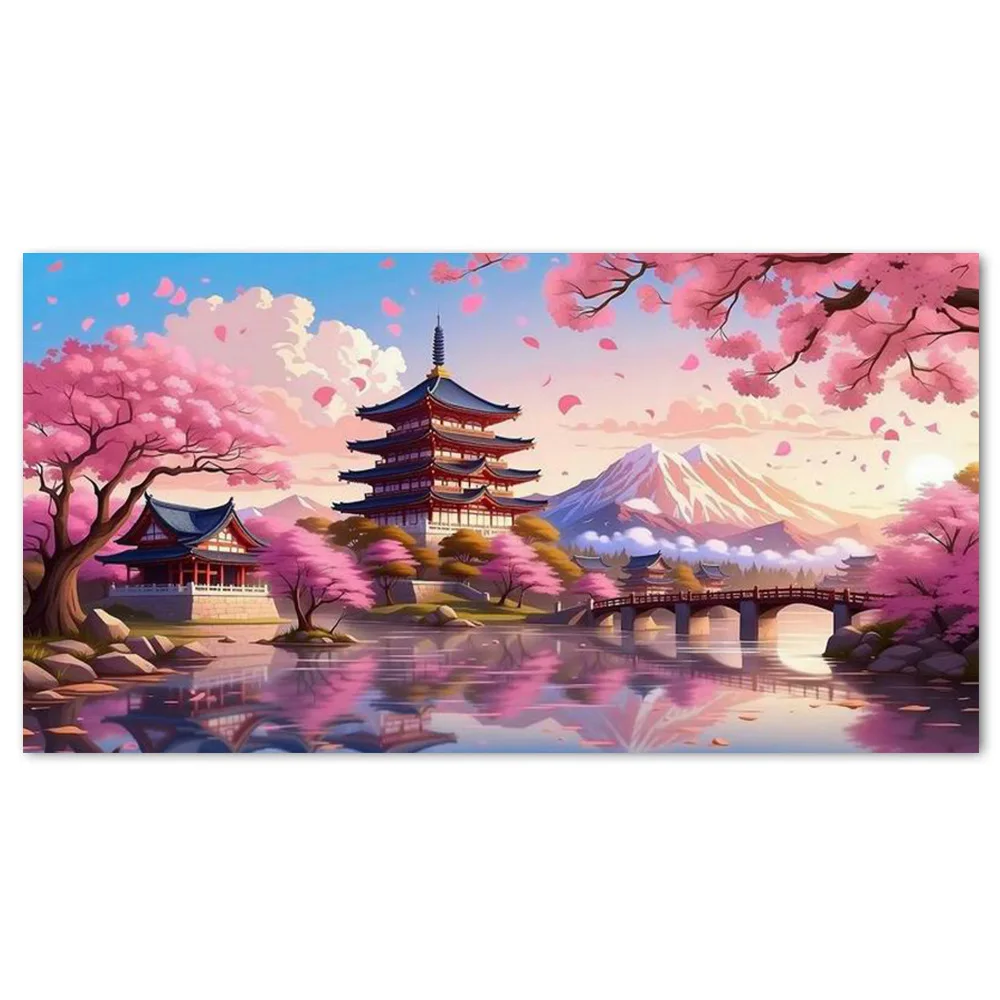 40*70CM Japanese Fuji Mountain Cherry Blossom Diamond Painting Kit, Full Round Drill 5D DIY Diamond Art, Golden Pavilion Torii G