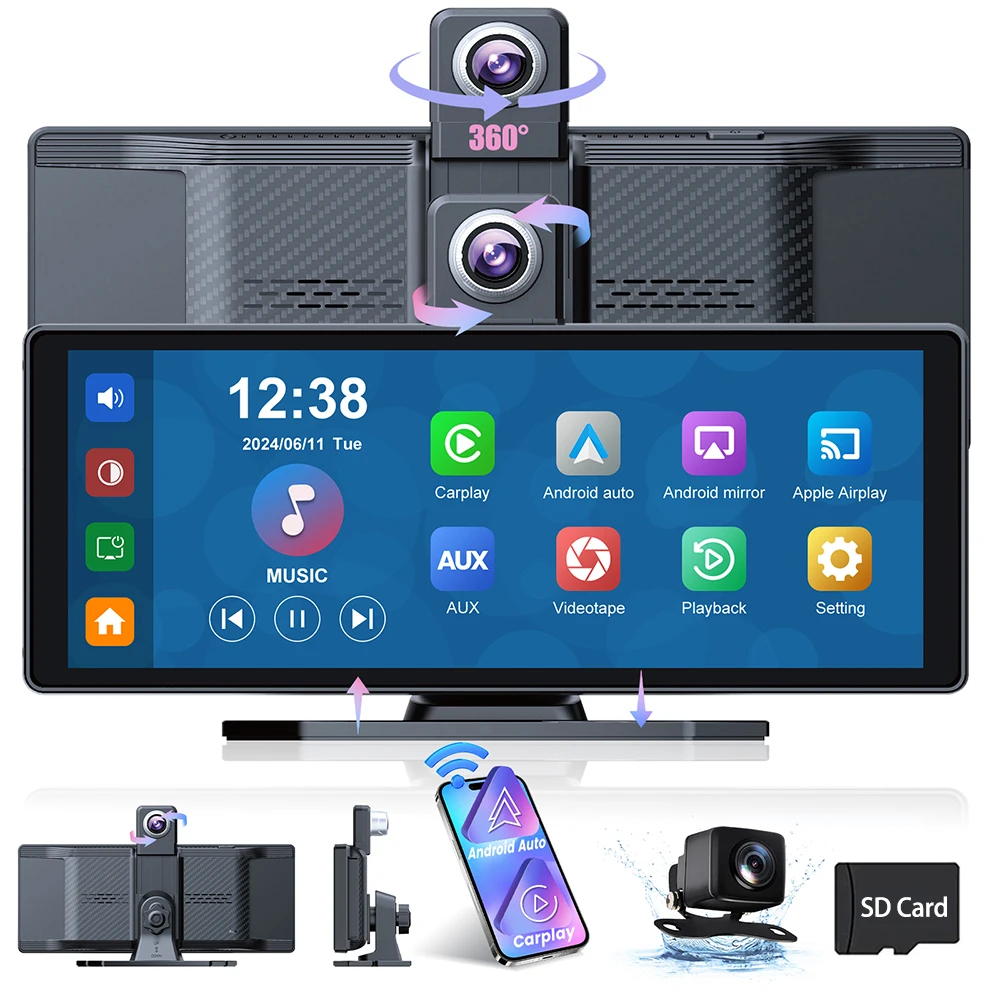  Aprilboy 10.26" Car Intelligent Screen with 4K 360° Rotation Dash Cam Wireless CarPlay & Android Auto AUX FM Bluetooth WIFI 