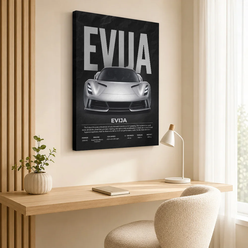 Sleek Silver British Evija Hypercar Framed Canvas Print Poster Customized Photo Modern Canvas Wall Art Garage And Office Decor